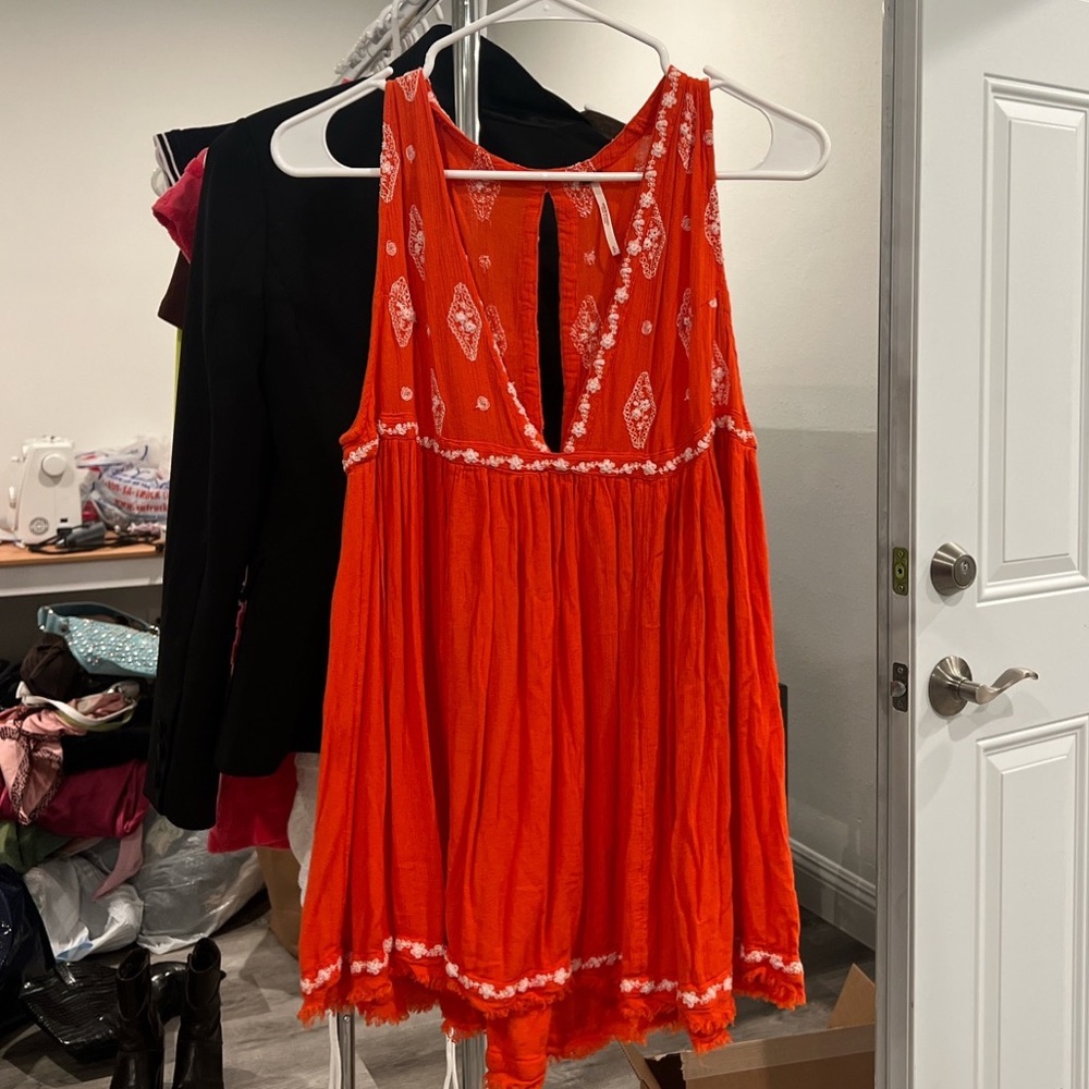 free people shirt/dress so cute orange with white embroidery